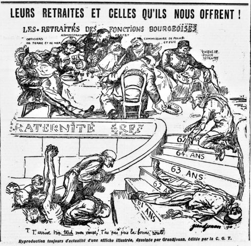 Affiche CGT, 1910 “T'arrive trop tard mon vieux, T'a pas pris la bonne route” Reproduction toujours d'actualité d'une affiche illustrée par Grandjouan, éditée par la CGT